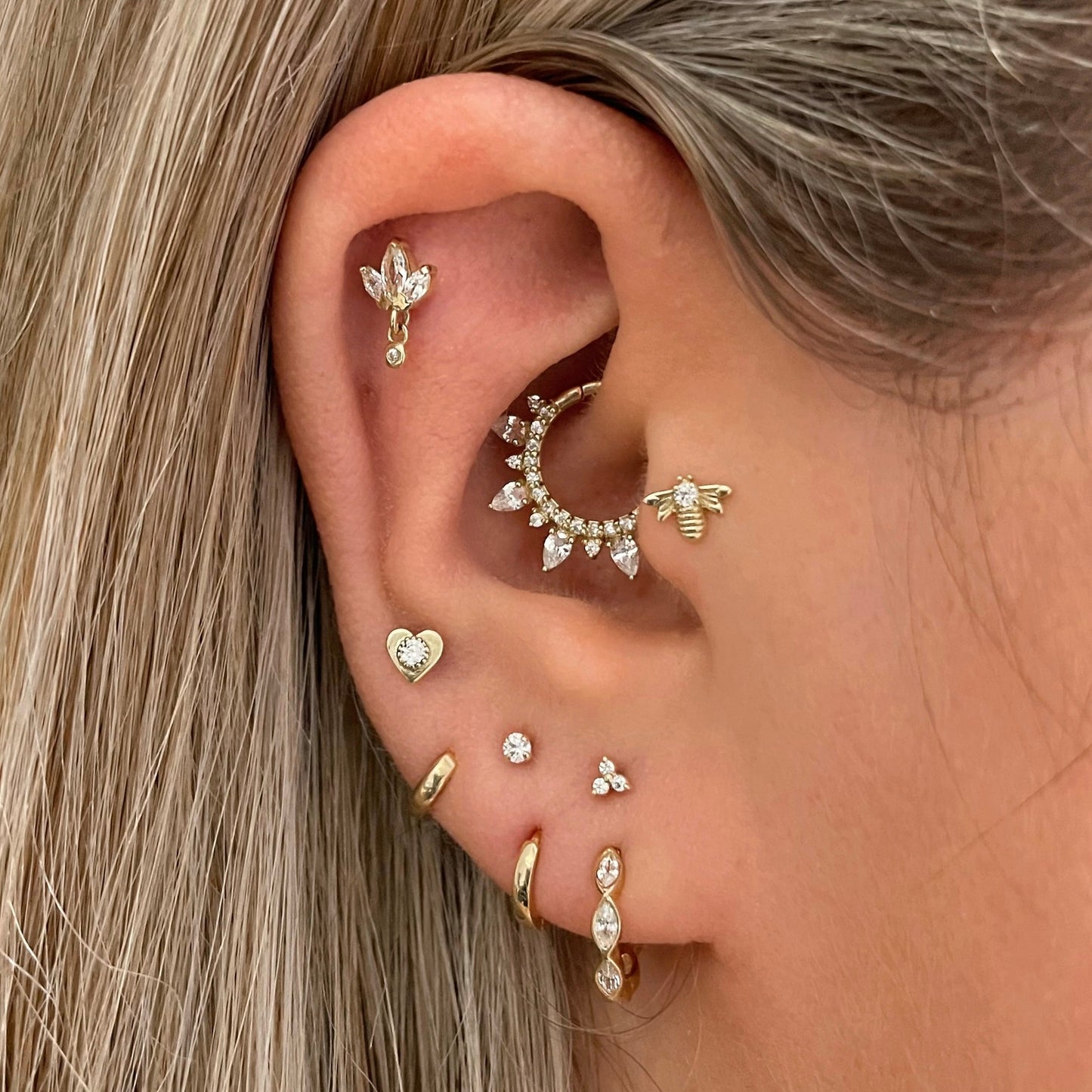 Laura Bond Jewellery Bold and Gold Edinburgh 14k solid yellow gold 16g marquise crystal clicker hoop earring Huggies and Hoops