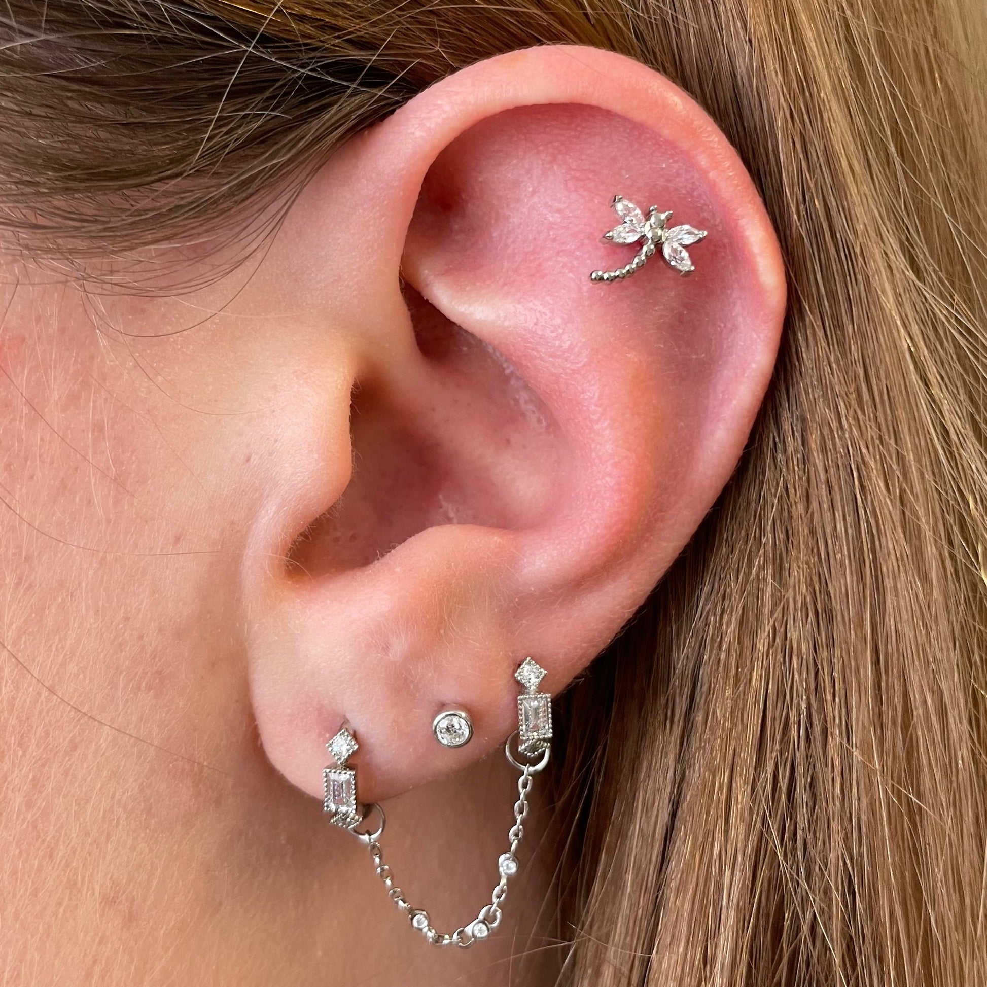 Laura Bond Jewellery 14k solid white gold bezel set single gem flat back labret stud earring 8mm Cartilage Studs