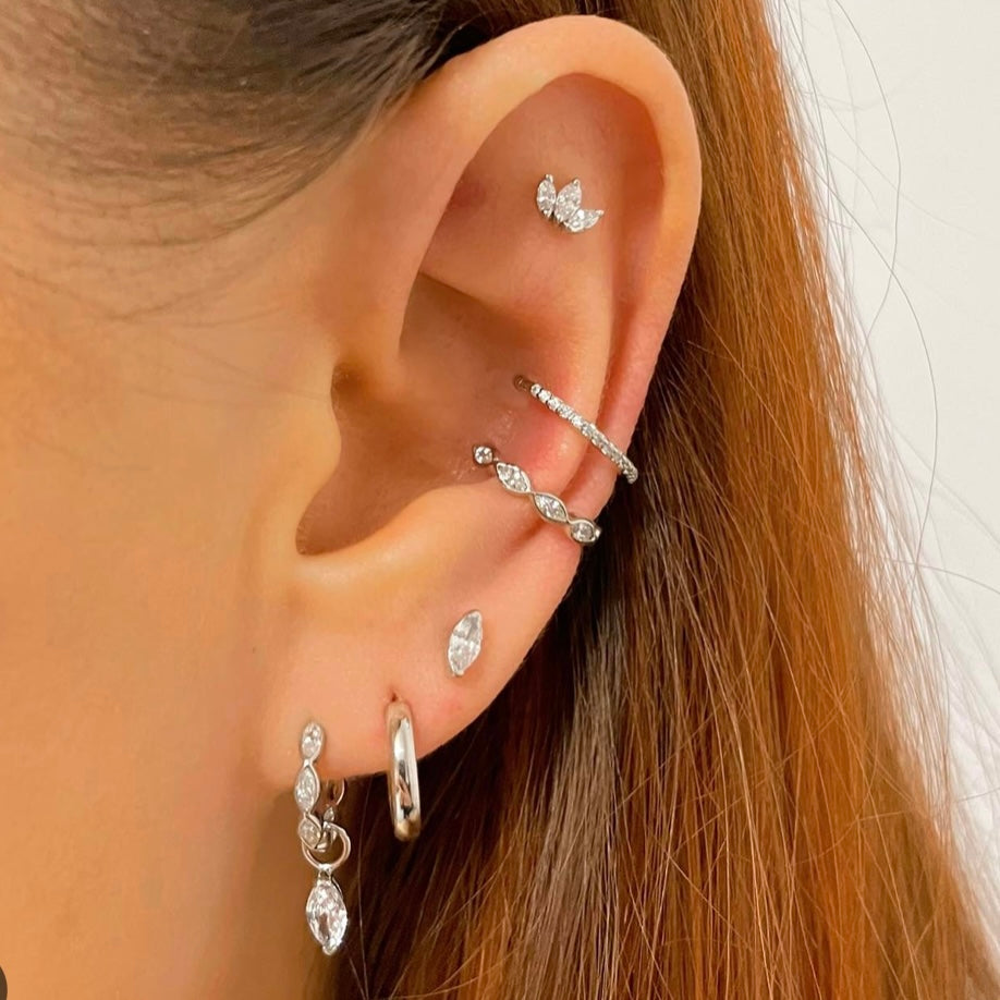 Laura Bond Jewellery Bold and Gold Edinburgh 9k solid white gold 16g marquise crystal clicker hoop earring Huggies and Hoops