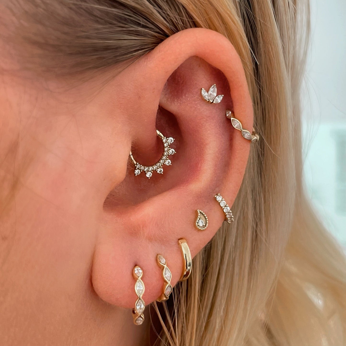 Laura Bond Jewellery Bold and Gold Edinburgh 14k solid yellow gold 16g marquise crystal clicker hoop earring Huggies and Hoops