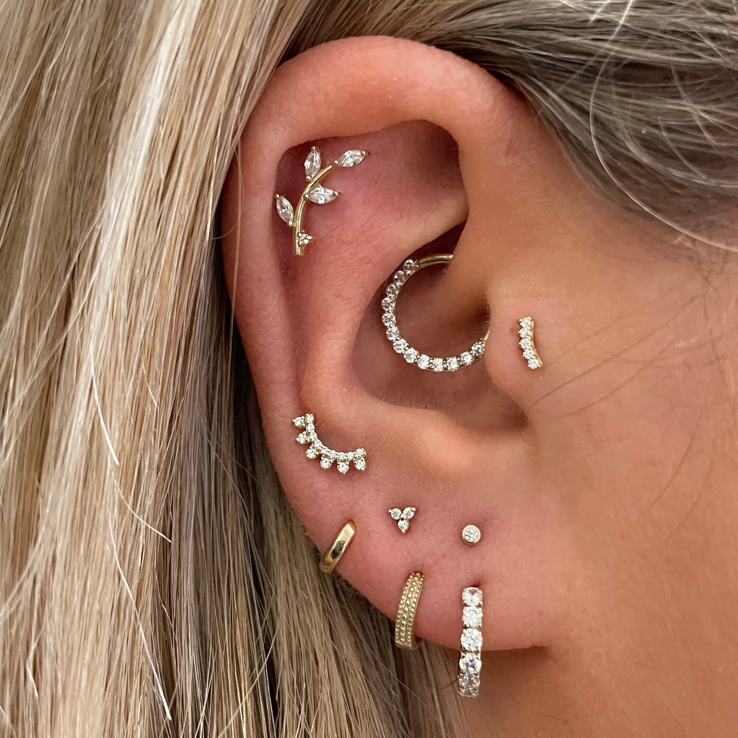 Laura Bond Jewellery Bold and Gold Edinburgh 14k solid yellow gold tiny trio flat back labret stud earring 8mm Cartilage Studs