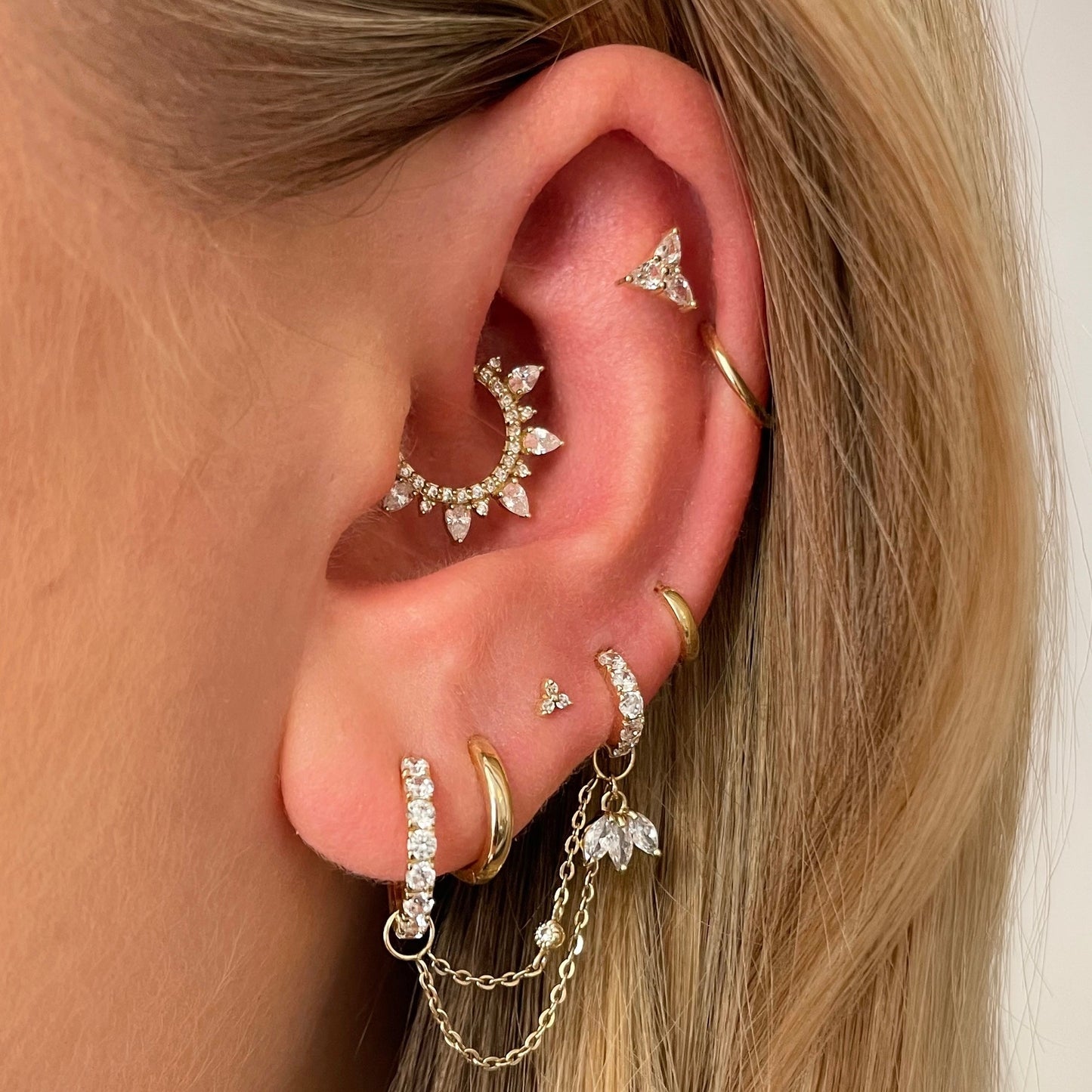 Laura Bond Jewellery Bold and Gold Edinburgh 14k solid yellow gold tiny trio flat back labret stud earring 8mm Cartilage Studs
