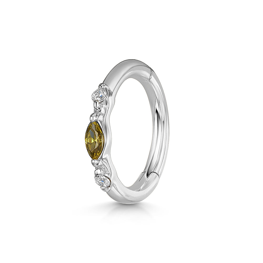 Laura Bond Jewellery 9k solid white gold olive green Luna marquise clicker hoop earring Huggies and Hoops