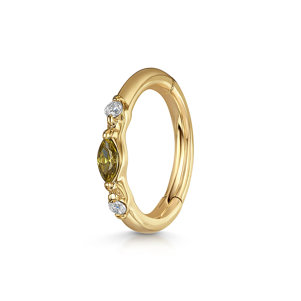 Laura Bond Jewellery 9k solid yellow gold olive green Luna marquise clicker hoop Huggies and Hoops