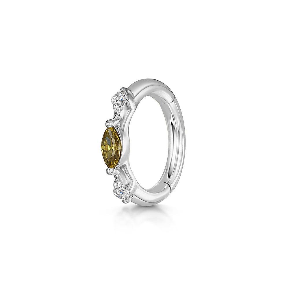 Laura Bond Jewellery 9k solid white gold olive green Luna marquise clicker hoop earring Huggies and Hoops