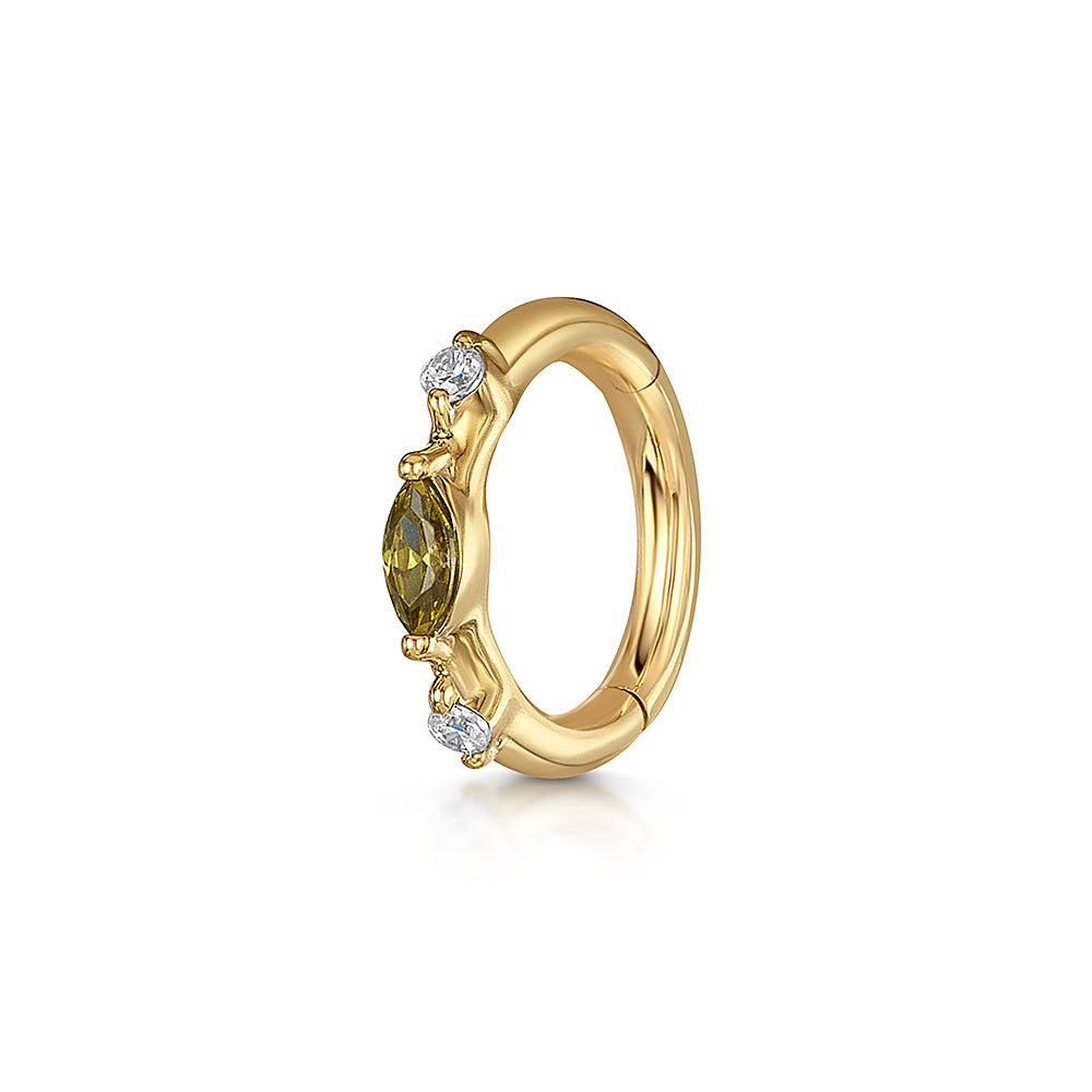 Laura Bond Jewellery 9k solid yellow gold olive green Luna marquise clicker hoop Huggies and Hoops