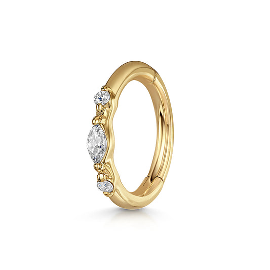 Laura Bond Jewellery Bold and Gold Edinburgh 9k solid yellow gold Luna marquise clicker hoop earring Huggies and Hoops