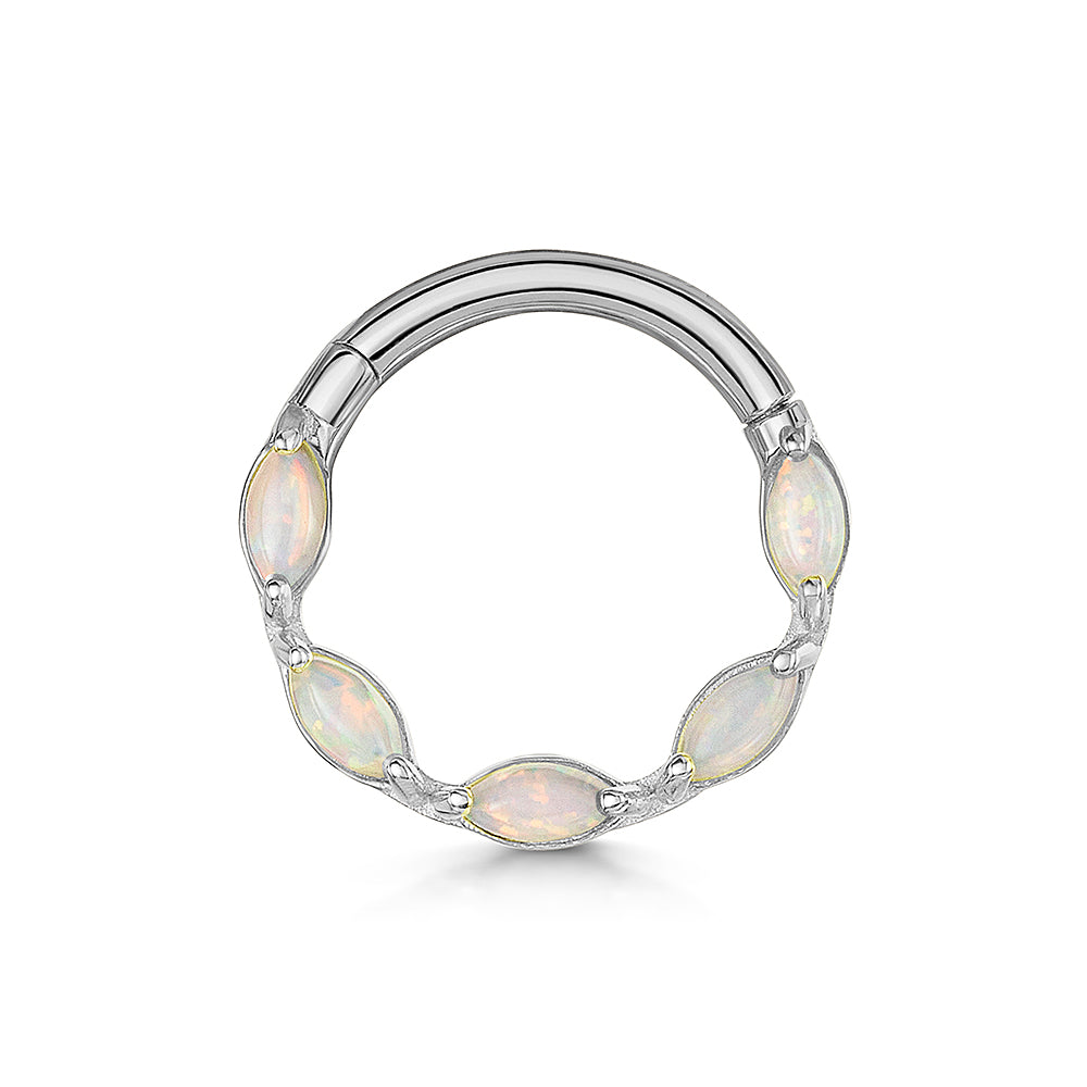 Laura Bond Jewellery Bold and Gold Edinburgh 9k solid white gold 8mm white opal marquise daith or septum clicker hoop Huggies and Hoops