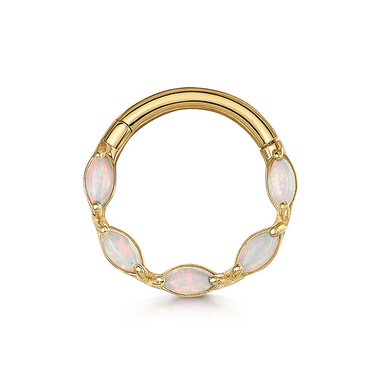 astrid miyu maria tash 9k solid yellow gold 8mm white opal marquise daith or septum clicker hoop Huggies and Hoops Laura Bond