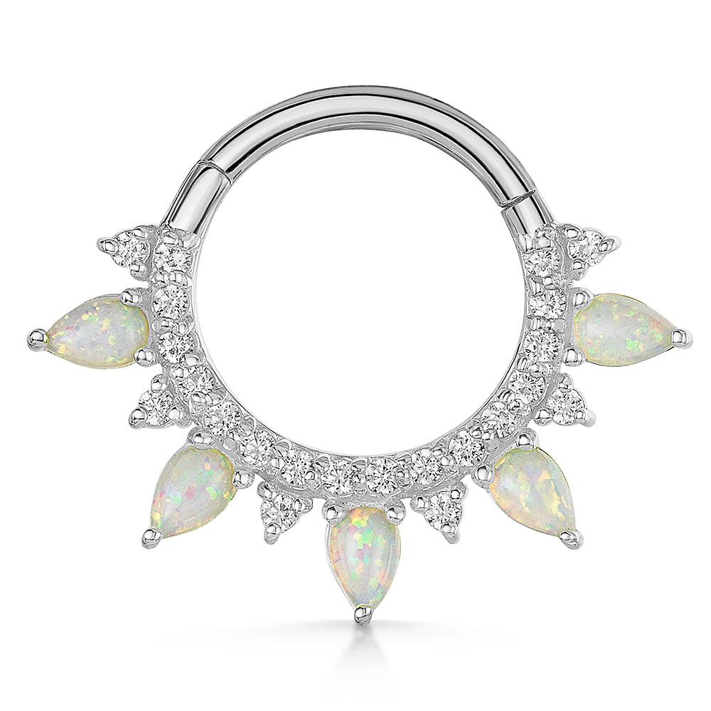 astrid miyu maria tash 9k solid white gold 9mm Ariel daith hoop with white opal Huggies and Hoops Laura Bond