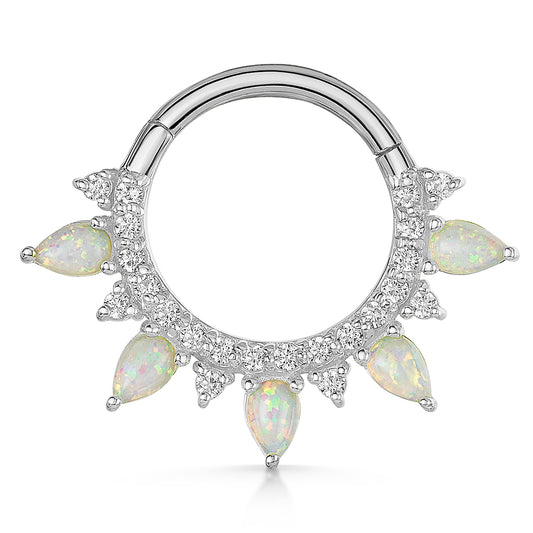 astrid miyu maria tash 9k solid white gold 9mm Ariel daith hoop with white opal Huggies and Hoops Laura Bond