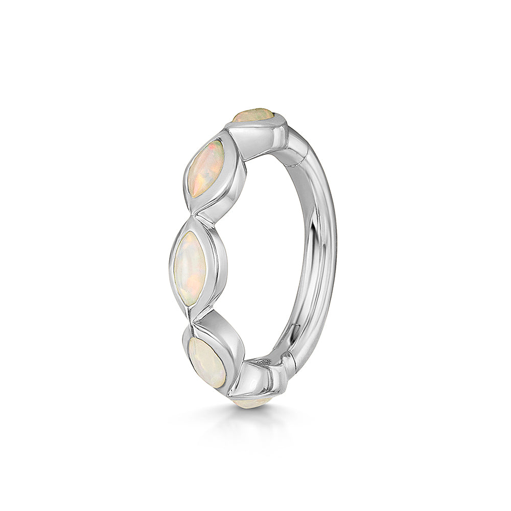 9k solid white gold white opal marquise clicker hoop