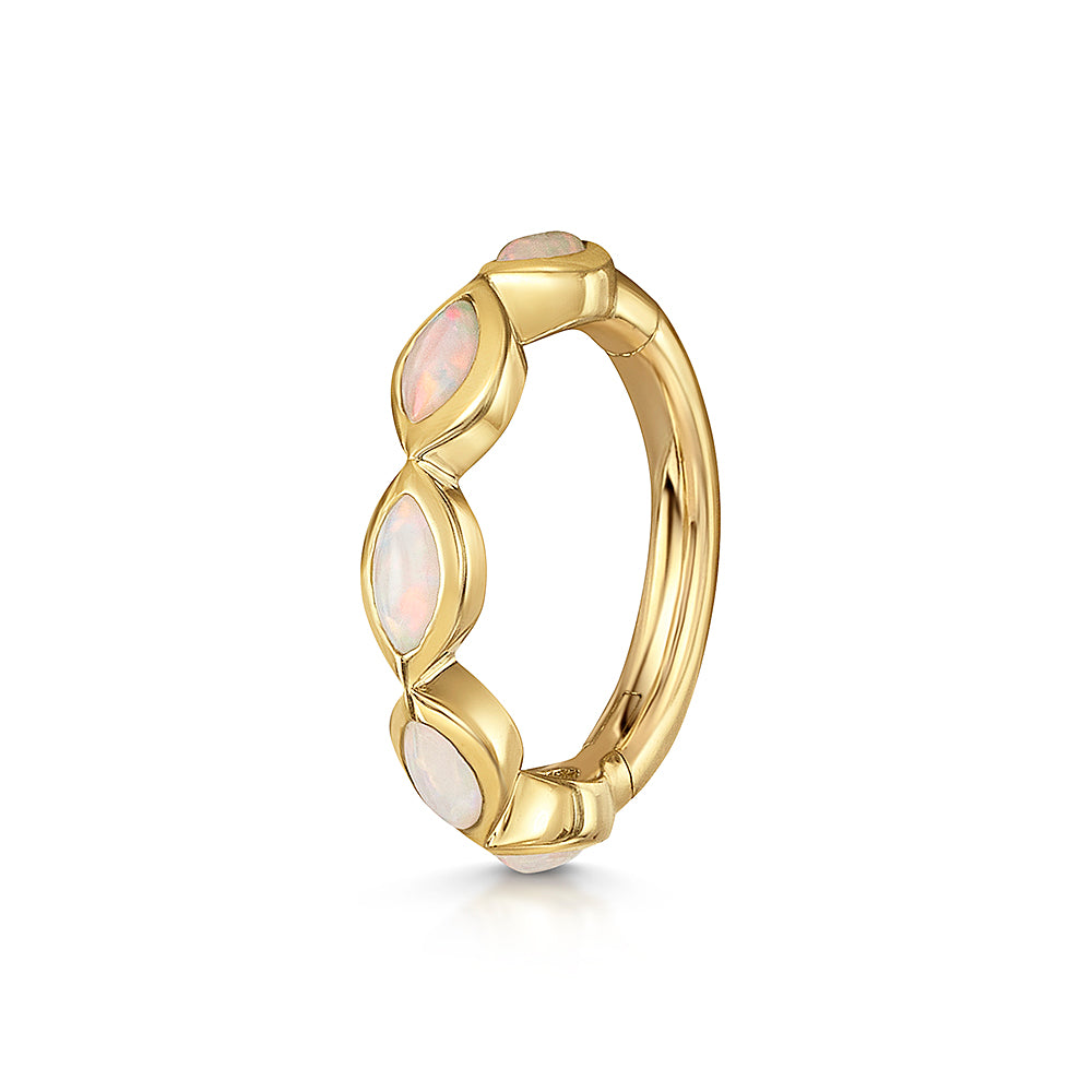 9k solid yellow gold white opal marquise clicker hoop