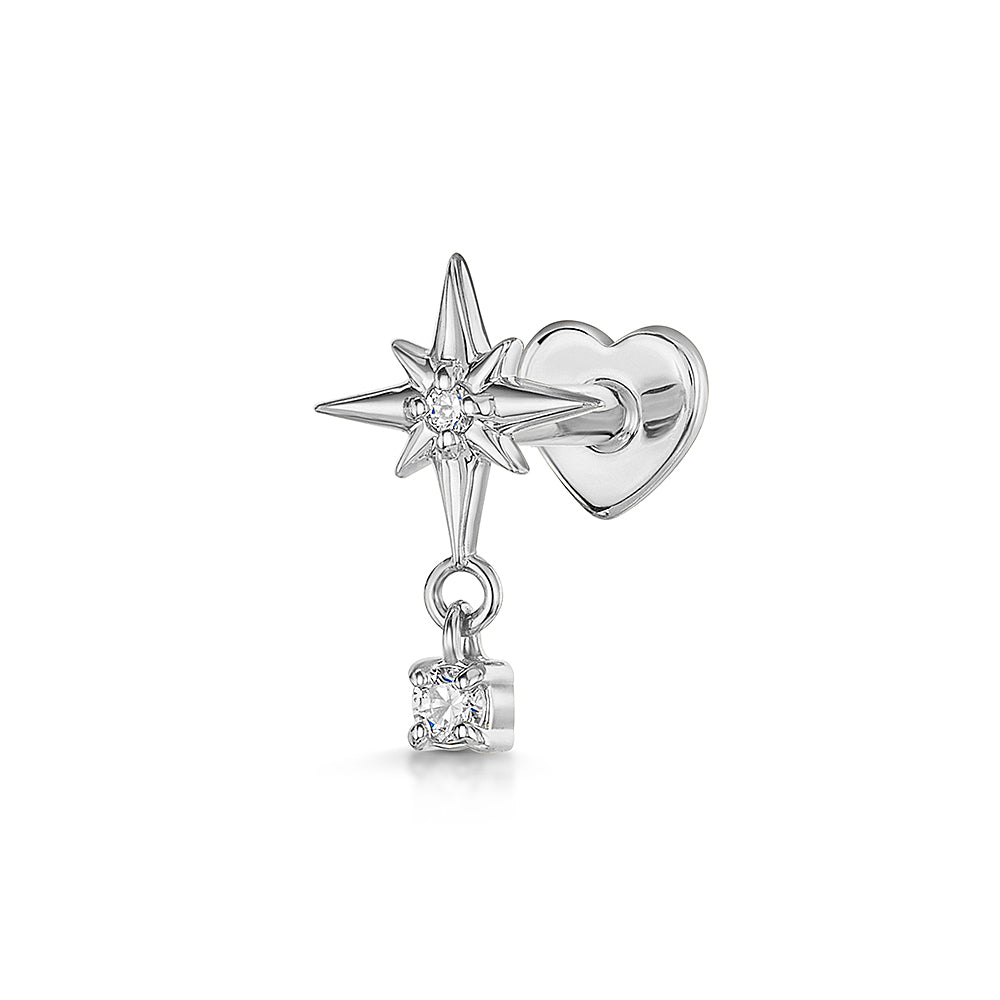 9k solid white gold North Star drop gem flat back labret stud earring