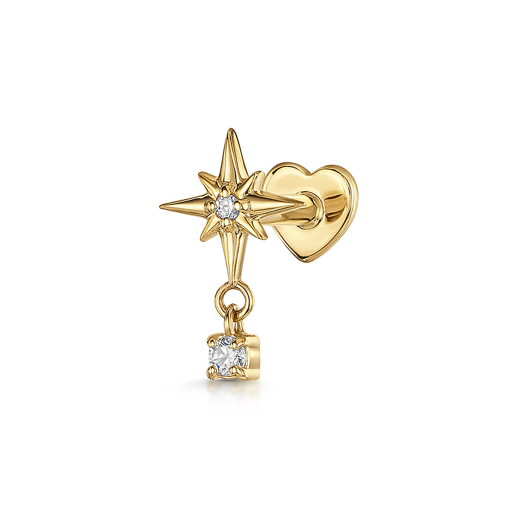 9K solid yellow gold North Star drop gem flat back labret stud earring