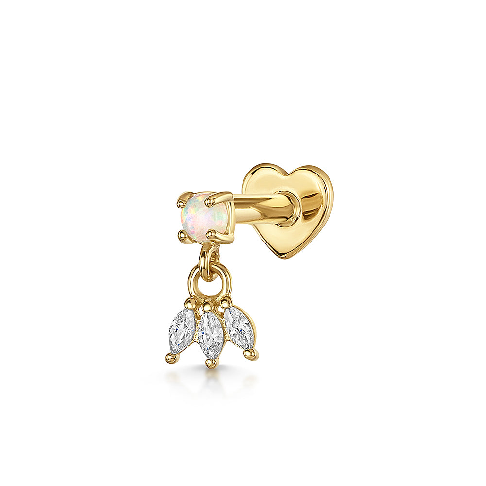 9k solid yellow gold opal hanging lotus flat back labret stud earring