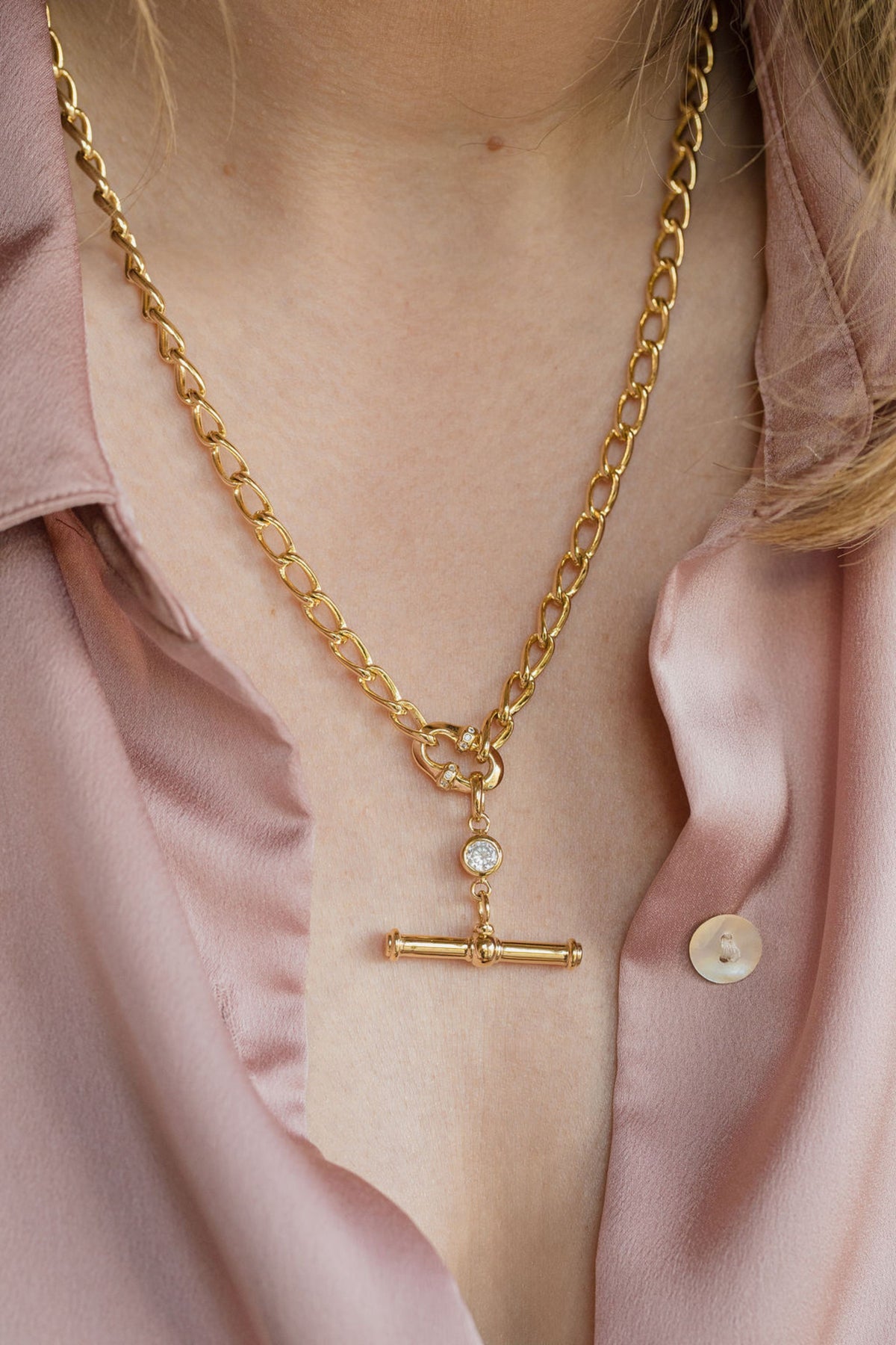 Gem T-Bar On Chunky Marquise Link Chain Necklace Laura Bond Jewellery