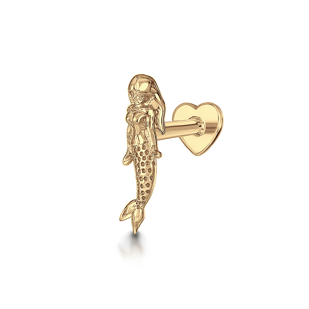 Laura Bond Jewellery 9k solid yellow gold mermaid flat back labret stud earring 6mm (left) Cartilage Studs