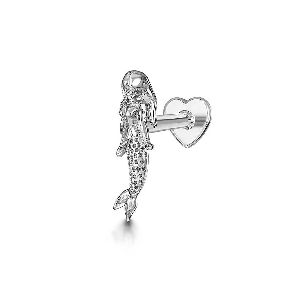 Laura Bond Jewellery Bold and Gold Edinburgh 9k solid white gold mermaid flat back labret stud earring 6mm (left) Cartilage Studs