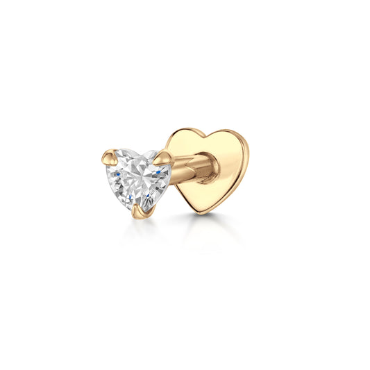 Laura Bond Jewellery 14k solid yellow gold crystal heart flat back labret stud earring Cartilage Studs