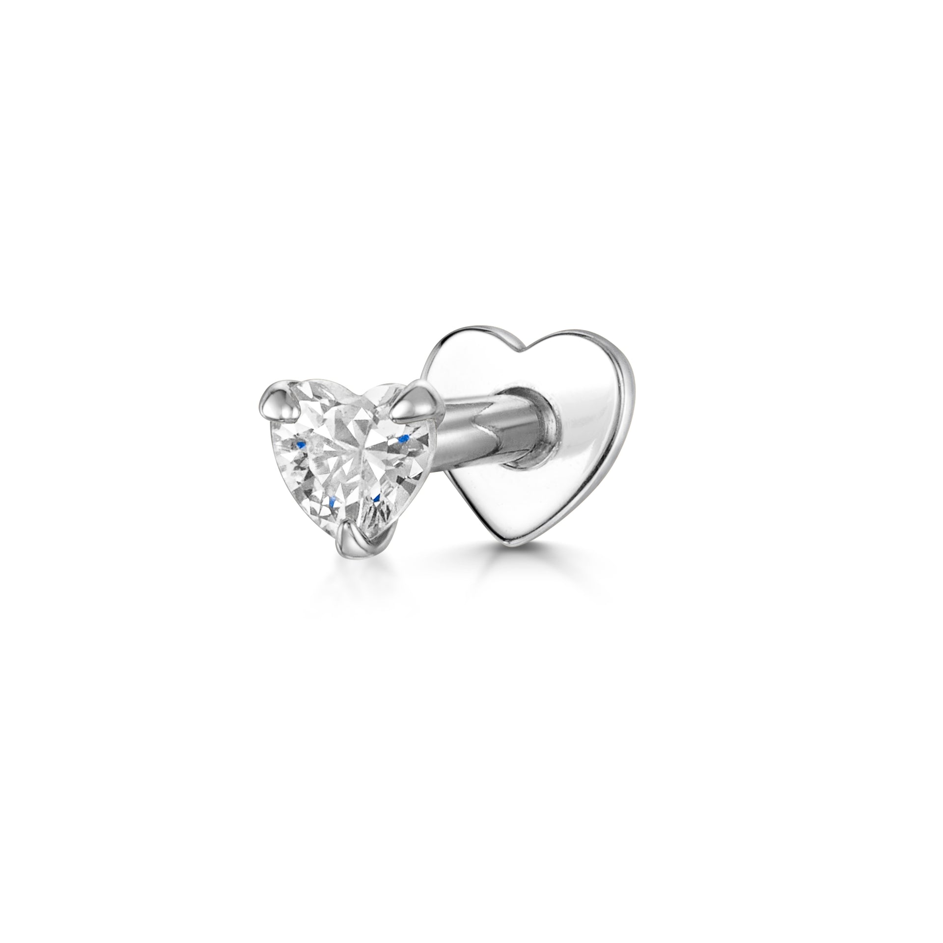 9k solid white gold crystal heart flat back labret stud earring