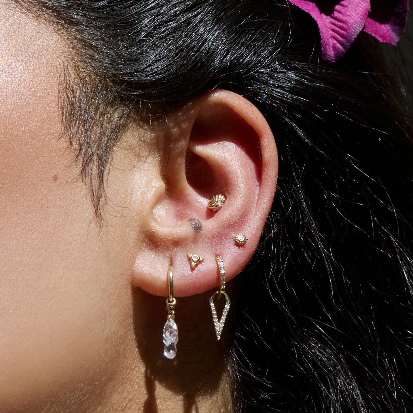Laura Bond Jewellery 14k solid yellow gold Beaded Gem flat back labret stud earring Cartilage Studs
