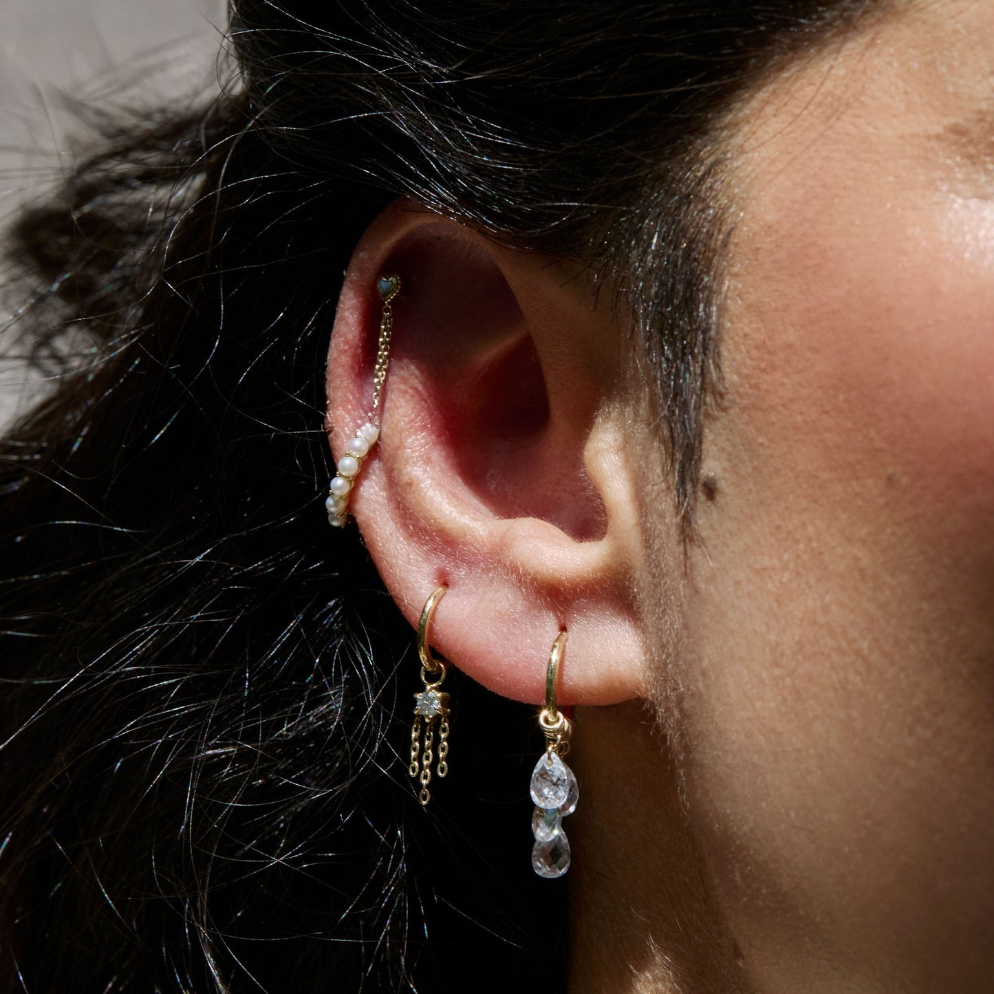 Laura Bond Jewellery 9k solid yellow gold Pure Shores 5 crystal charm clicker hoop earring 8mm Huggies and Hoops