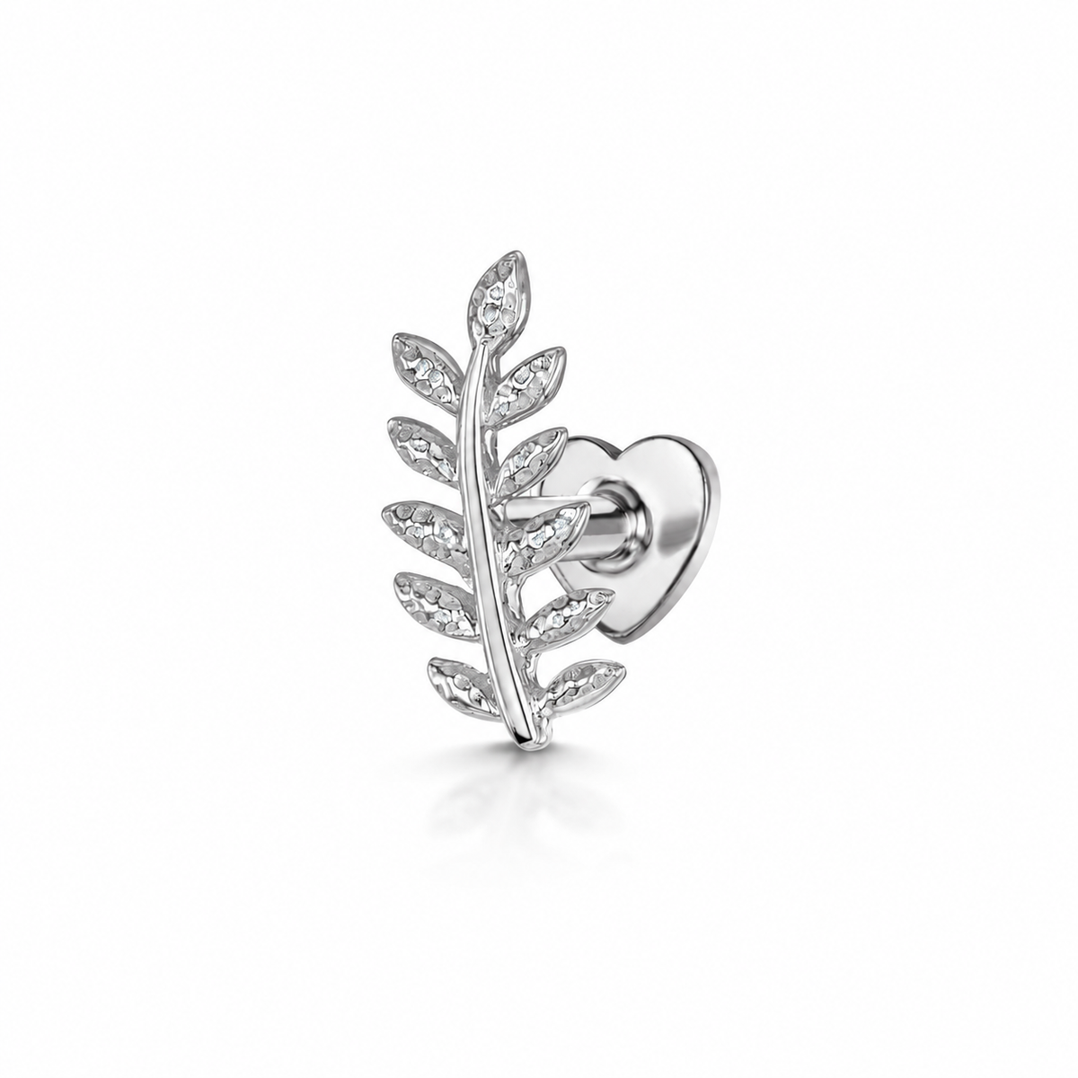 14k solid white gold Fern leaf flat back labret stud earring 8mm Cartilage Studs Laura Bond Jewellery