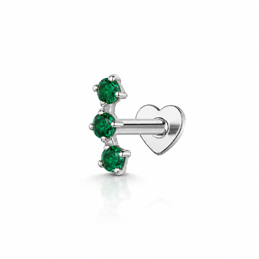 9k solid white gold green trinity flat back labret stud earring 6mm Cartilage Studs Laura Bond Jewellery