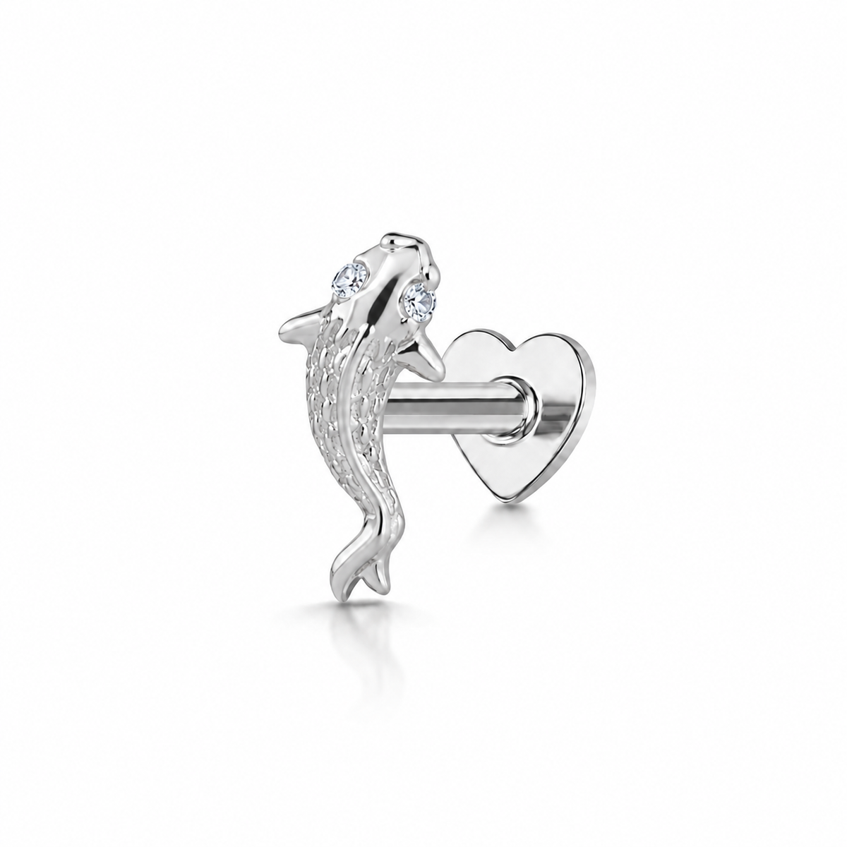 14k solid white gold Koi Fish flat back labret stud earring 8mm Cartilage Studs Laura Bond Jewellery