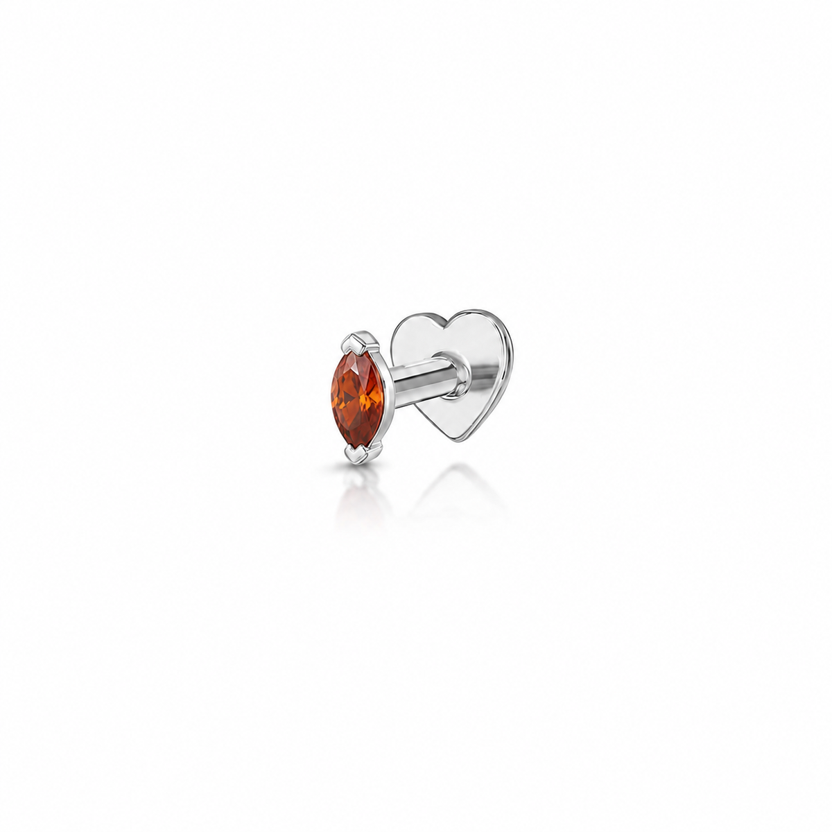 9k solid white gold fire orange tiny marquise flat back labret stud earring 6mm Cartilage Studs Laura Bond Jewellery