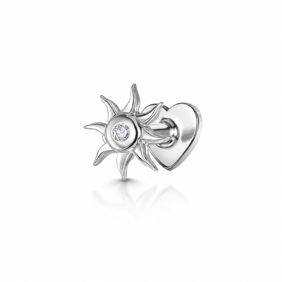 14k solid white gold Wavy Sun flat back labret stud earring 8mm Cartilage Studs Laura Bond Jewellery