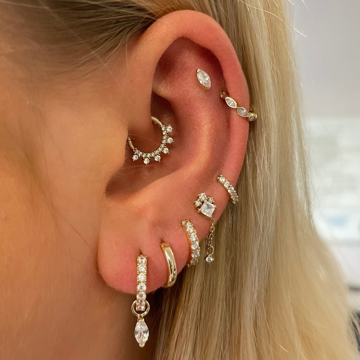 Laura Bond Jewellery Bold and Gold Edinburgh 14k solid yellow gold marquise flat back labret stud earring 8mm Cartilage Studs