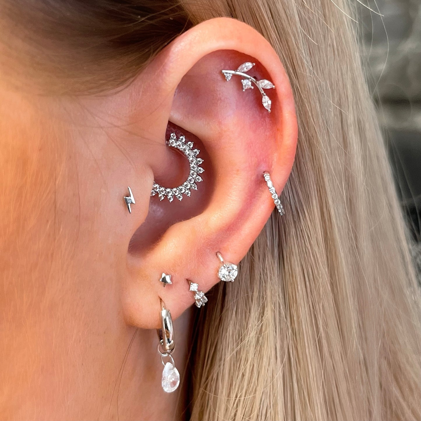 Laura Bond Jewellery Bold and Gold Edinburgh 14k solid white gold tiny lightning bolt flat back labret stud earring 8mm Cartilage Studs