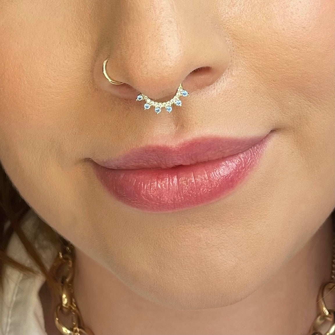 Laura Bond Jewellery Bold and Gold Edinburgh 9k solid yellow gold aqua crystal pavé hoop for daith or septum Huggies and Hoops