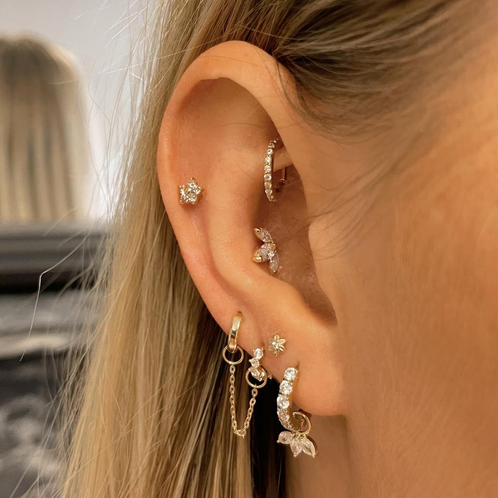 Laura Bond Jewellery Bold and Gold Edinburgh 14k solid yellow gold Forget Me Not tiny flower flat back labret stud earring 8mm Cartilage Studs