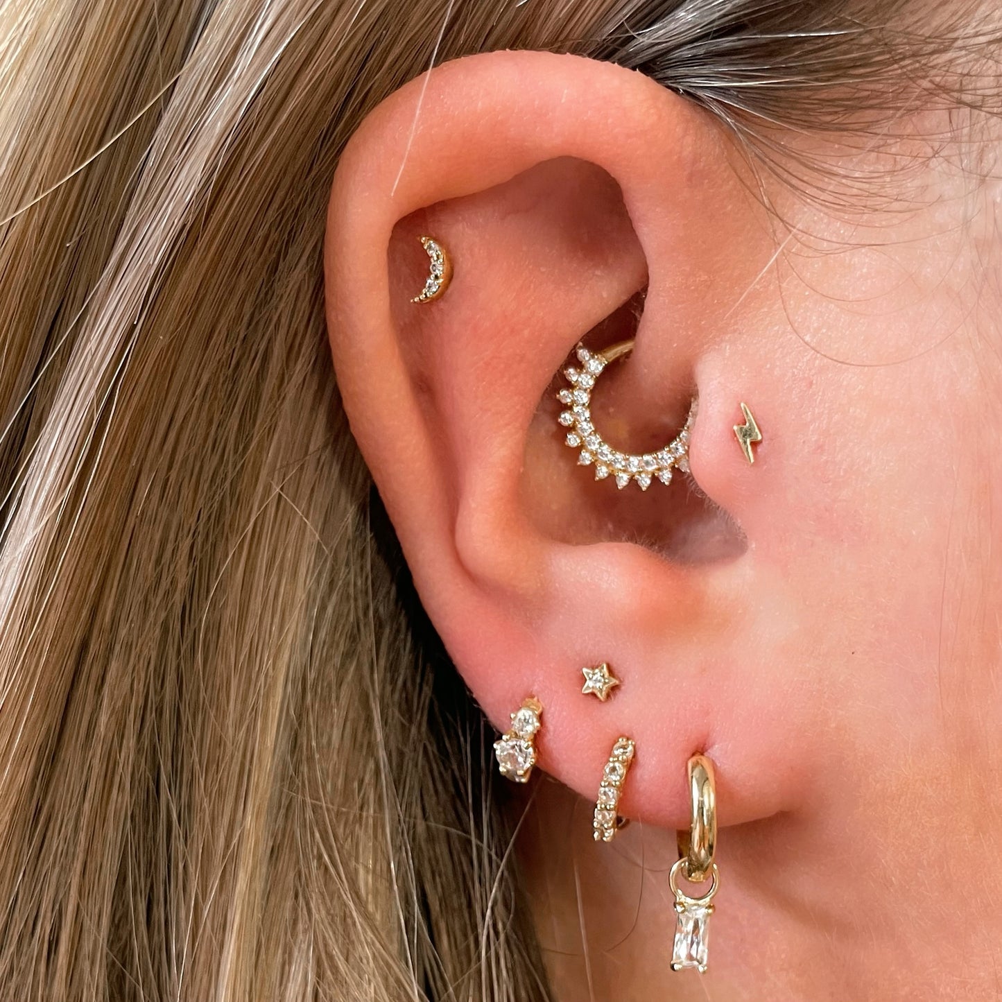 Laura Bond Jewellery Bold and Gold Edinburgh 14k solid yellow gold tiny lightning bolt flat back labret stud earring 8mm Cartilage Studs