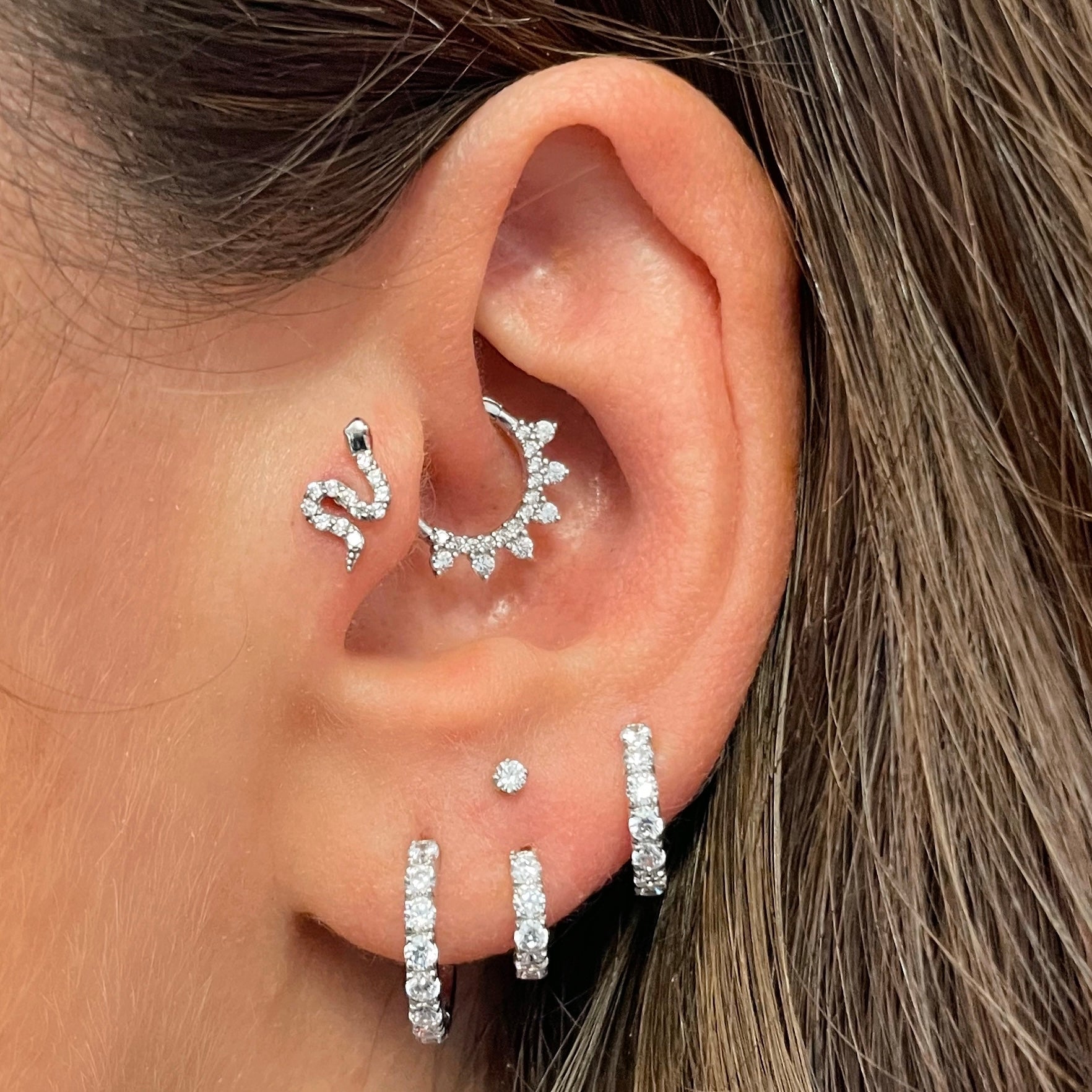 Laura Bond Jewellery Bold and Gold Edinburgh 9k solid white gold 10mm simple crystal huggie earring pair Earring Pairs