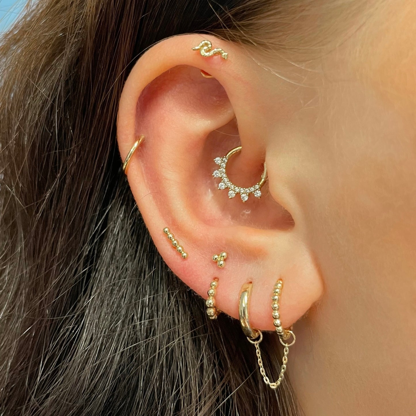 Laura Bond Jewellery Bold and Gold Edinburgh 14k solid yellow gold tri-bead flat back labret stud earring 8mm Cartilage Studs