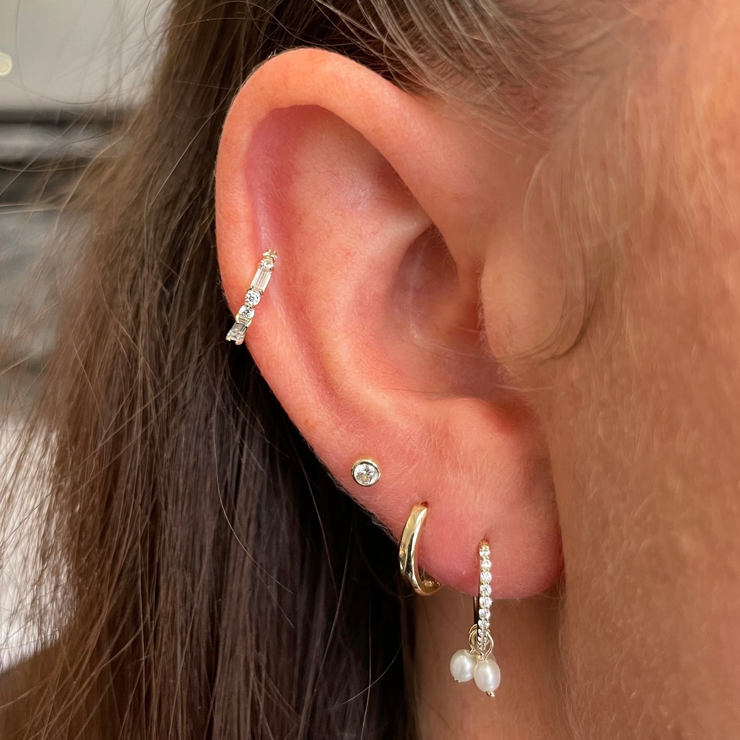 14k solid yellow bezel set crystal single gem flat back labret stud earring 8mm Cartilage Studs Laura Bond Jewellery