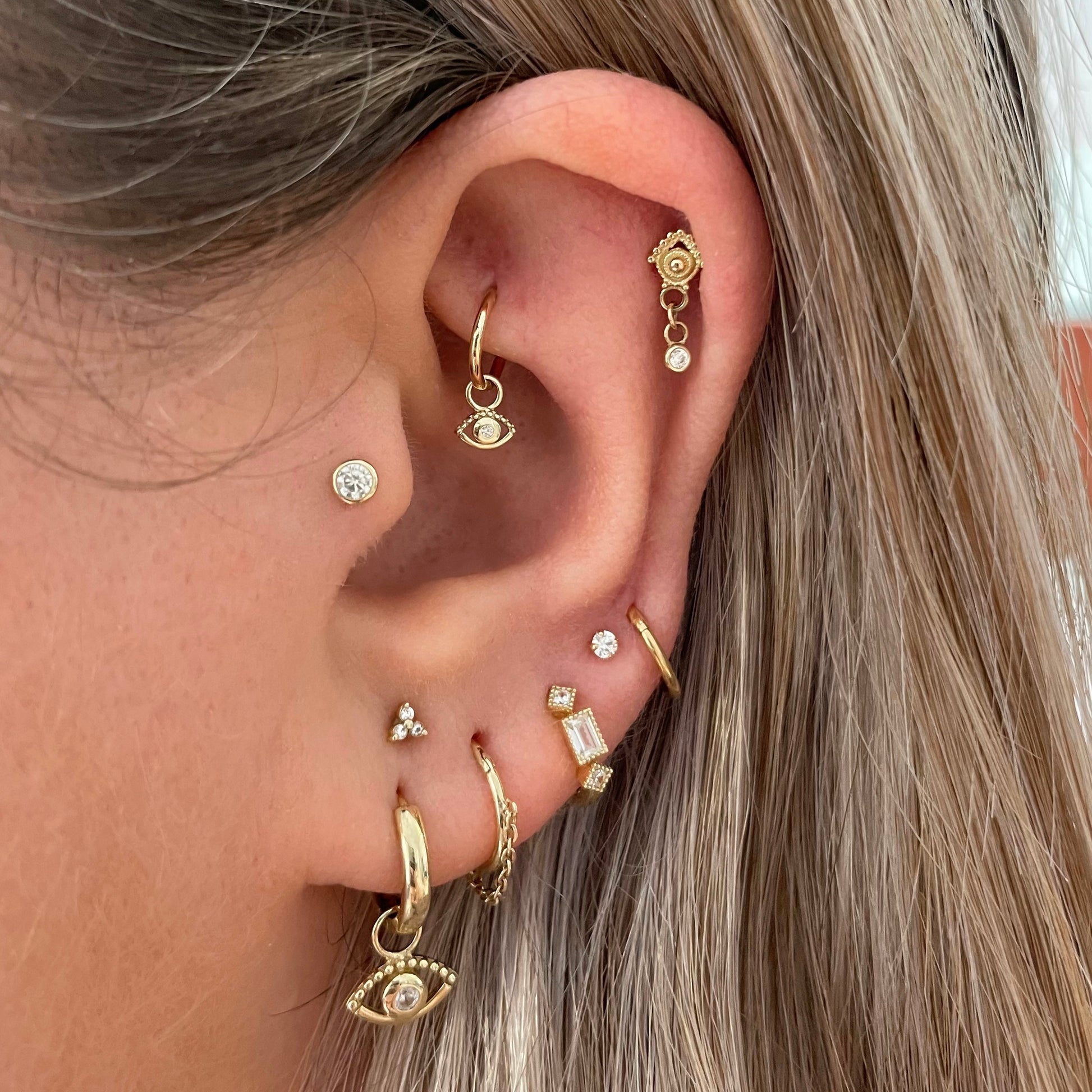 14k solid yellow bezel set crystal single gem flat back labret stud earring 8mm Cartilage Studs Laura Bond Jewellery