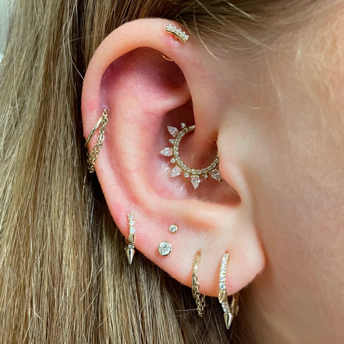 Laura Bond Jewellery Bold and Gold Edinburgh 9k solid yellow 6mm mini crystal spike huggie earring Huggies and Hoops