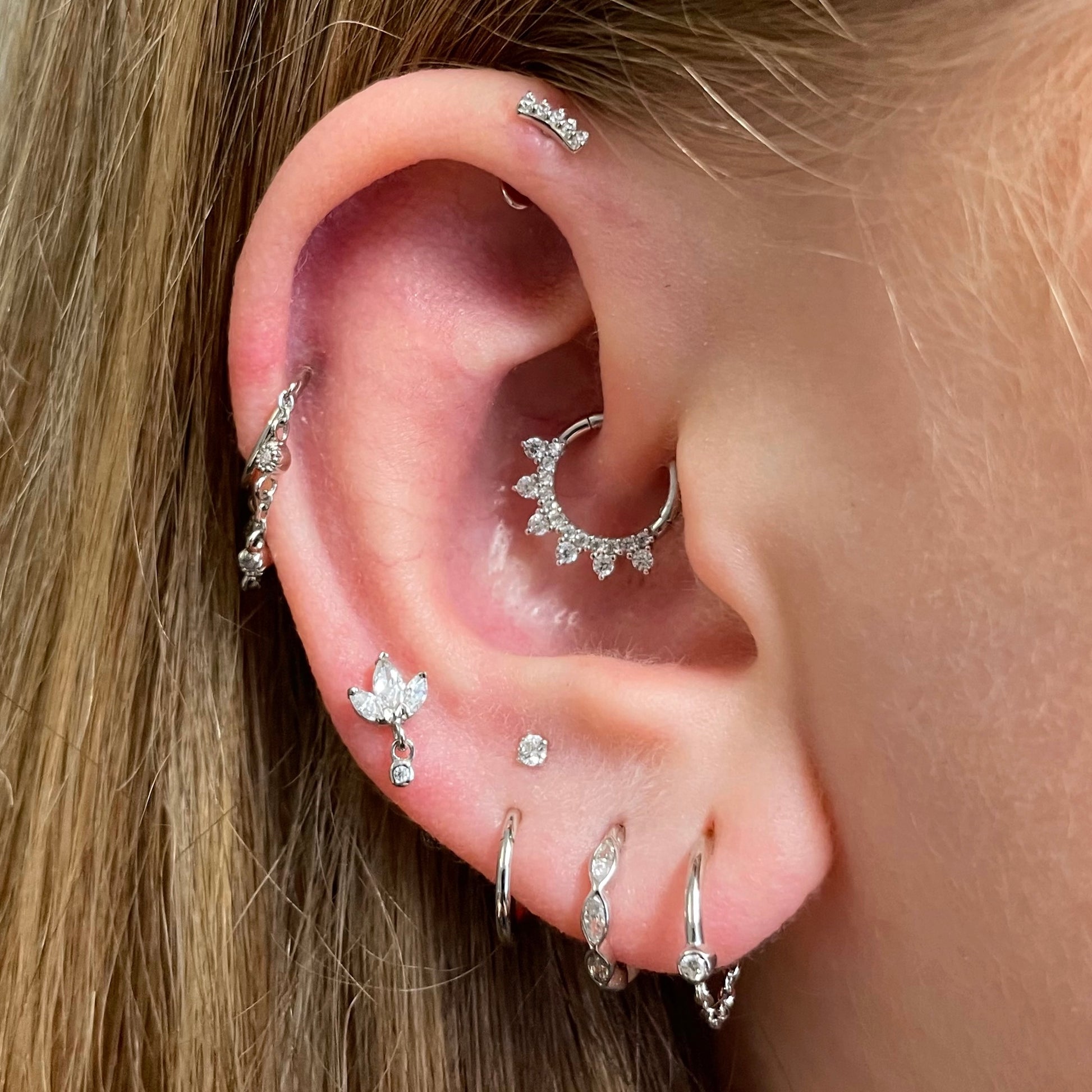 Laura Bond Jewellery Bold and Gold Edinburgh 9k solid white gold 8mm 16g white crystal pavé hoop for daith or septum Huggies and Hoops