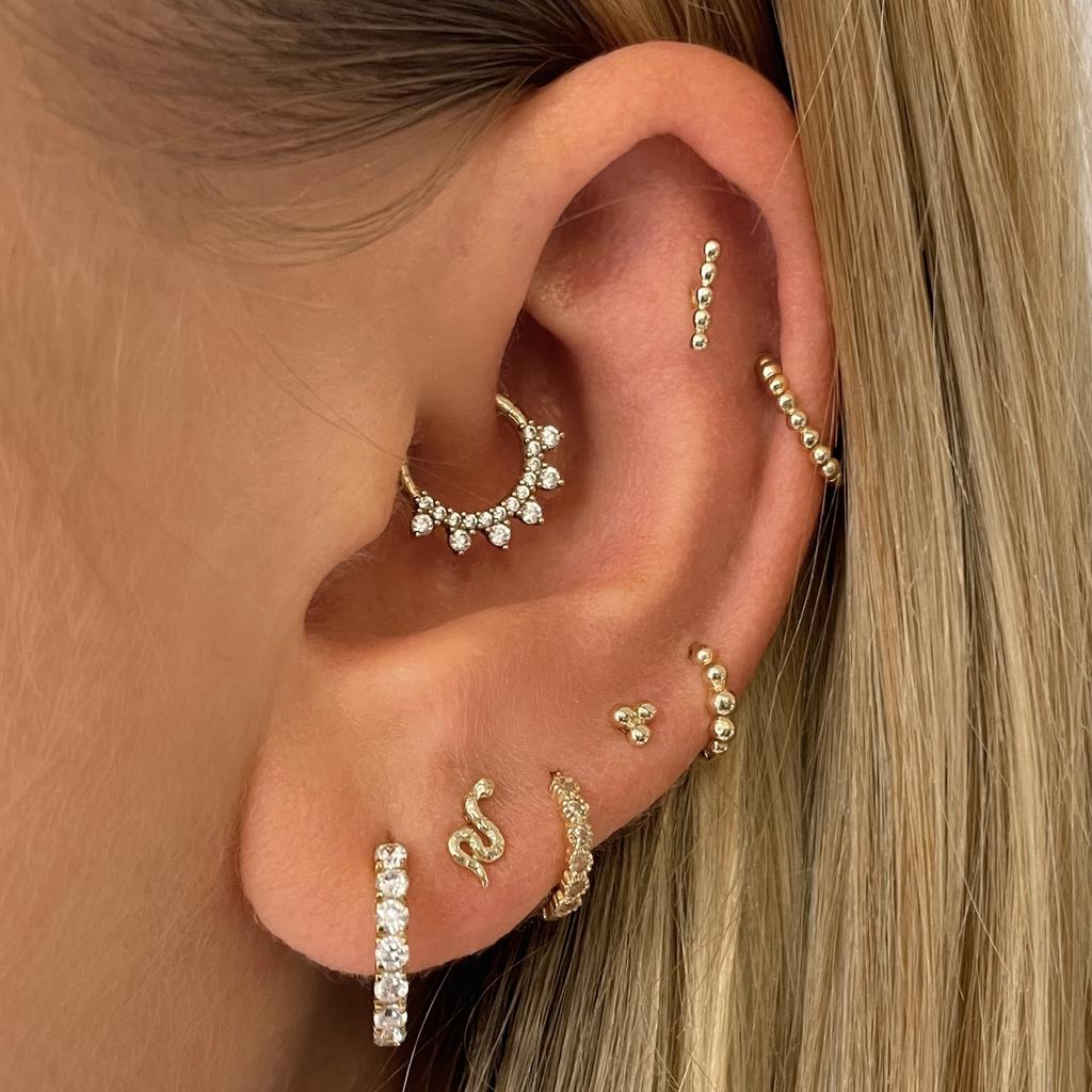 Laura Bond Jewellery Bold and Gold Edinburgh 14k solid yellow gold tri-bead flat back labret stud earring 8mm Cartilage Studs