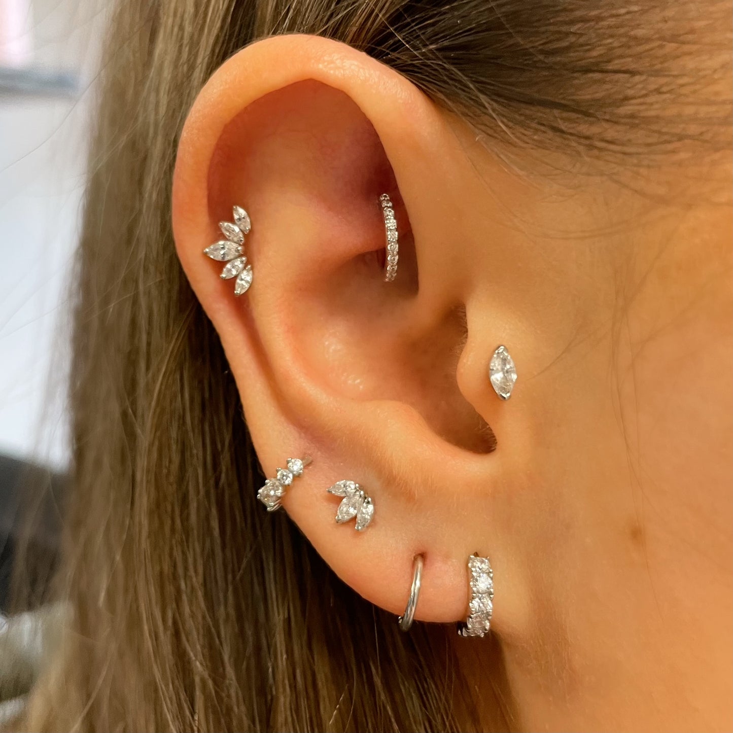 Laura Bond Jewellery Bold and Gold Edinburgh 14k solid white gold marquise flat back labret stud earring 8mm Cartilage Studs