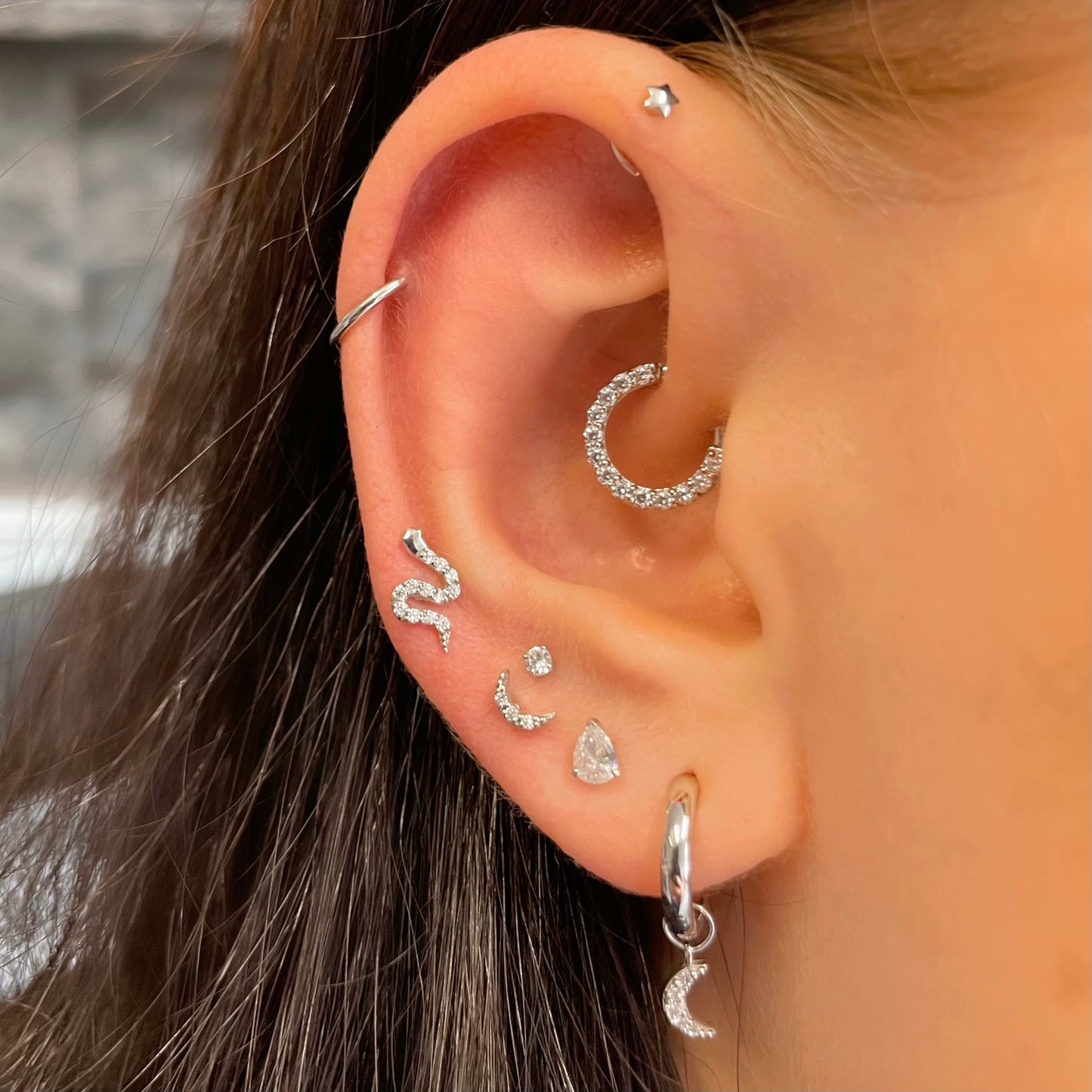 Laura Bond Jewellery Bold and Gold Edinburgh 14k solid white gold sparkly snake flat back labret stud earring 8mm Cartilage Studs