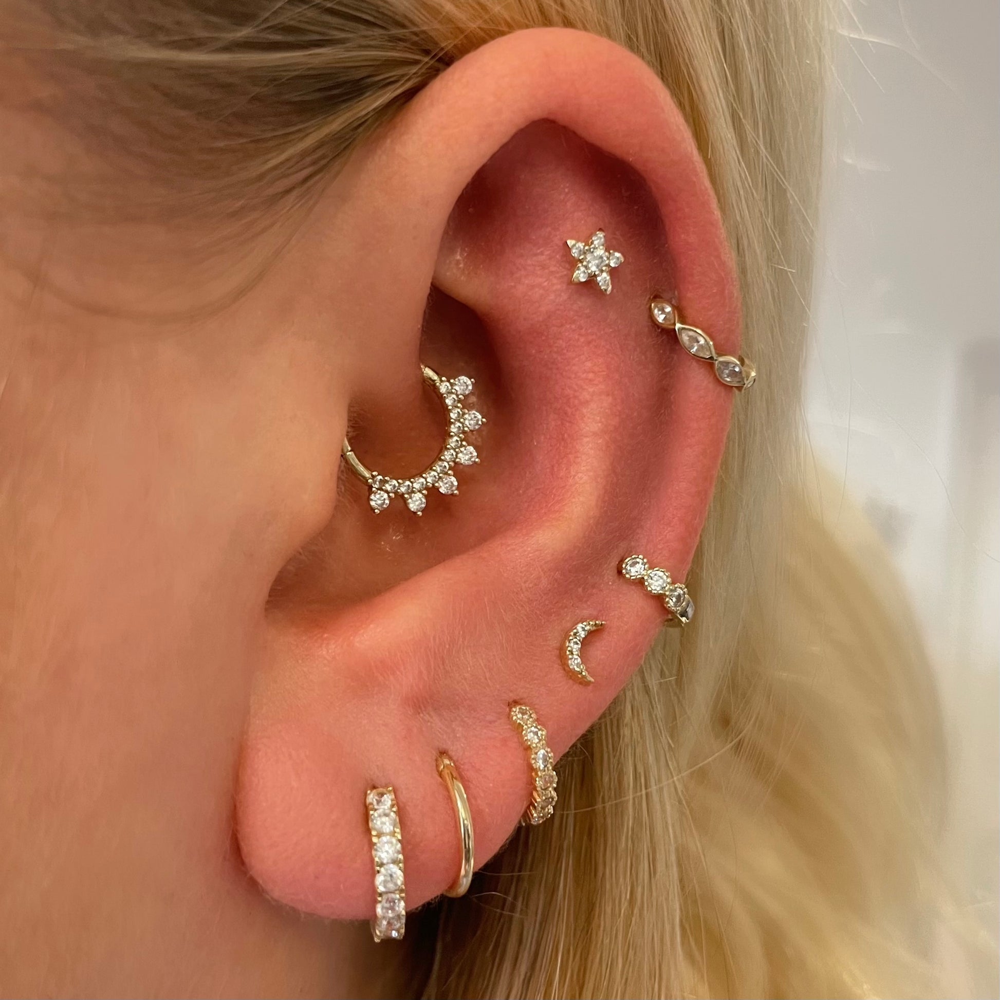 9k solid yellow gold 8mm 16g white crystal pavé hoop for daith or septum Huggies and Hoops Laura Bond Jewellery