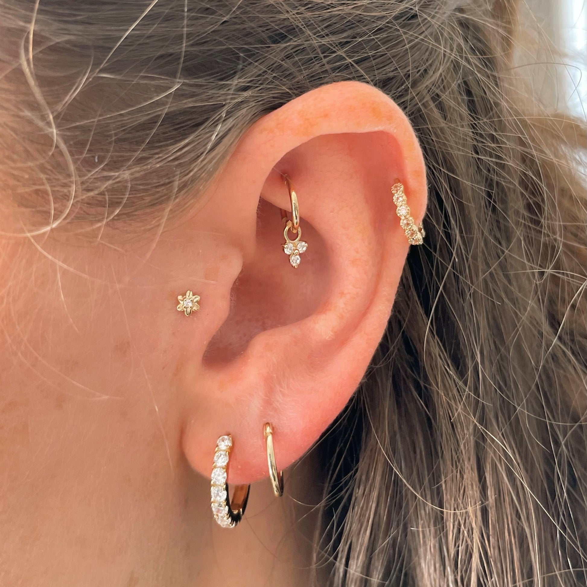 Laura Bond Jewellery Bold and Gold Edinburgh 9k solid yellow gold 6mm 18g clicker hoop earring with crystal trio charm Huggies and Hoops