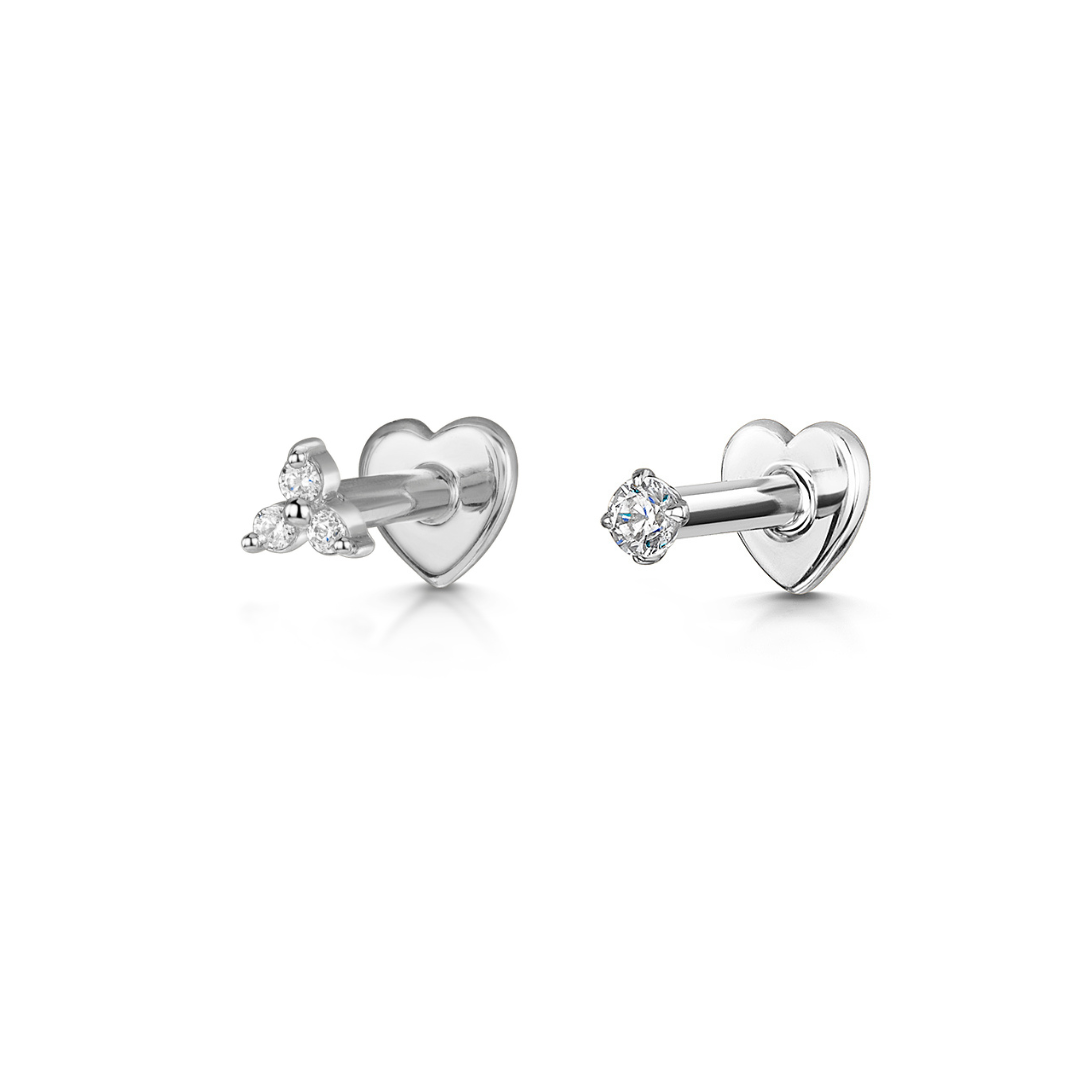 tiny trio stacking set 9k solid white gold flat back labret stud earring set