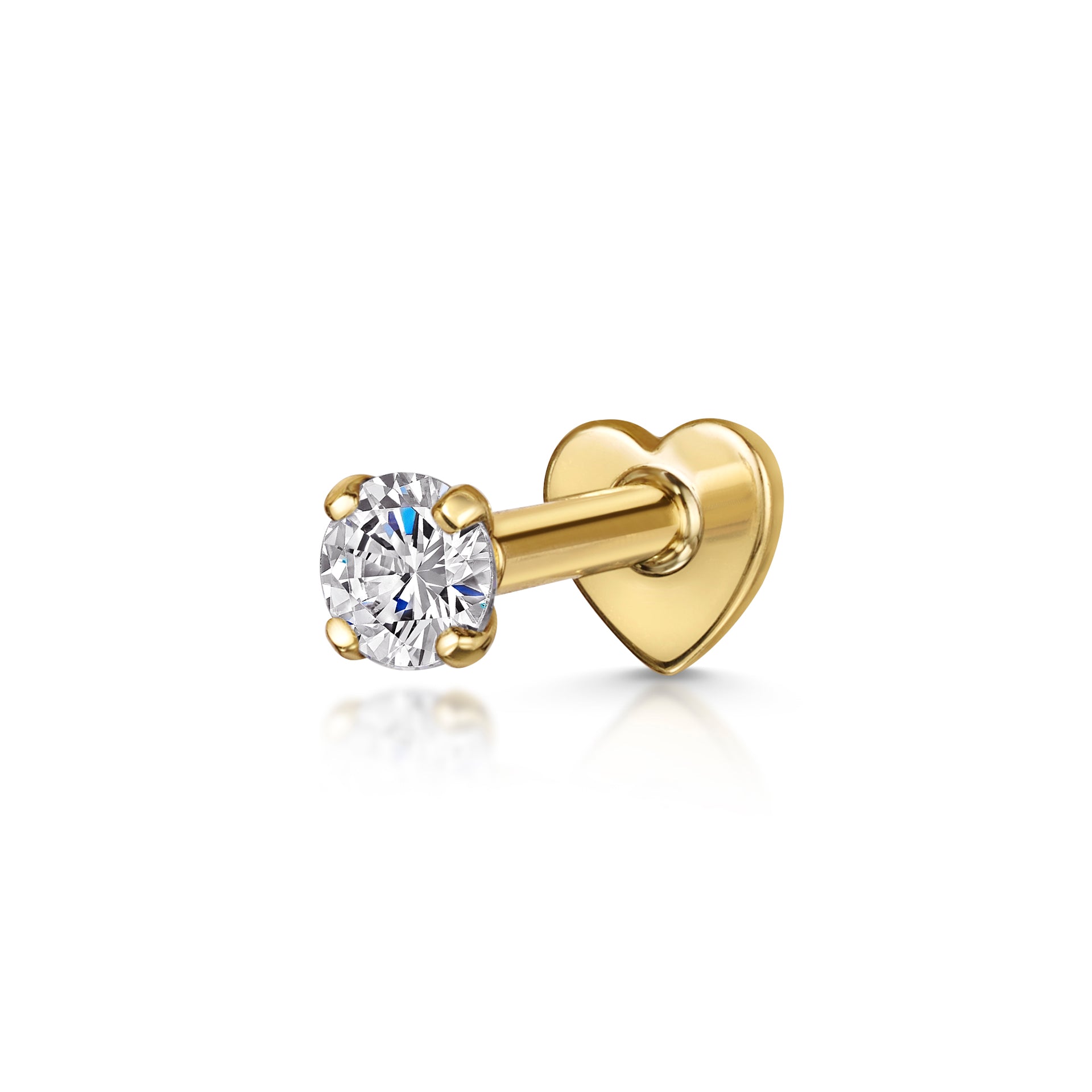 9K solid yellow gold 3mm single crystal gem flat back labret stud earring 6mm